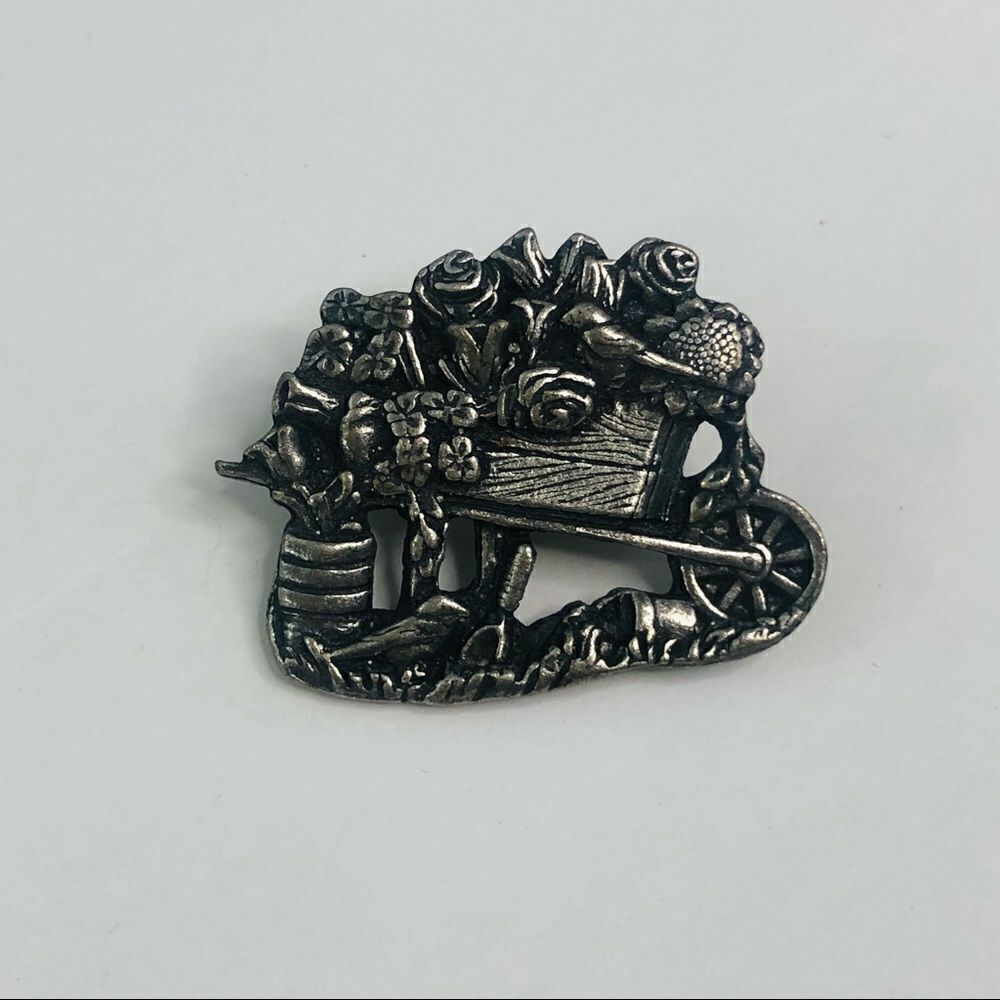 vtg spring summer birds and blooms pewter wagon roses garden tools brooch pin‎